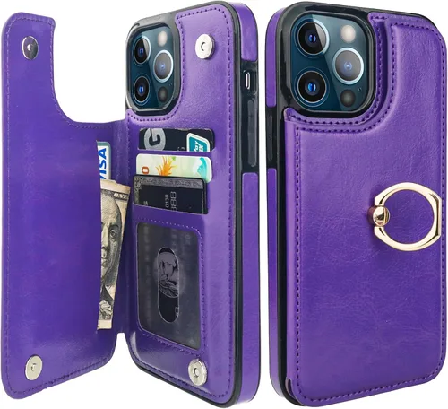 Vista 10 de ONETOP Funda tipo cartera para iPhone 13 Pro Max con soporte para tarjetas, anillo de rotación de 360°, función atril, bloqueo RFID, piel sintética