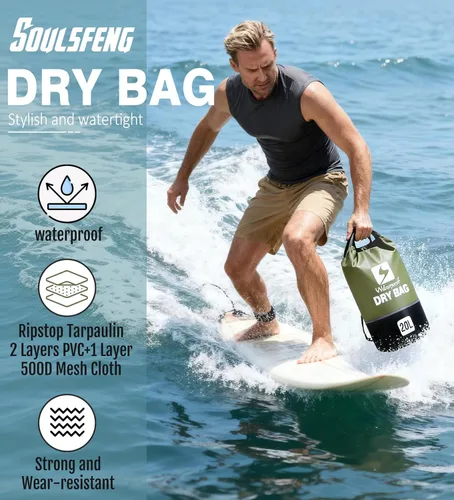 Vista 4 de Soulsfeng Mochila seca impermeable con parte superior enrollable, ligera para canotaje, kayak, viajes, playa, natación, senderismo y campamento