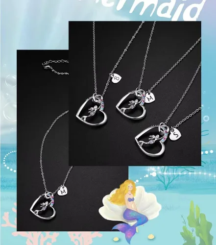 Vista 6 de BAOWING Regalos de sirena para niñas, collares de sirena, coloridos collares con colgante de letra de corazón de circonita cúbica, collar con dije