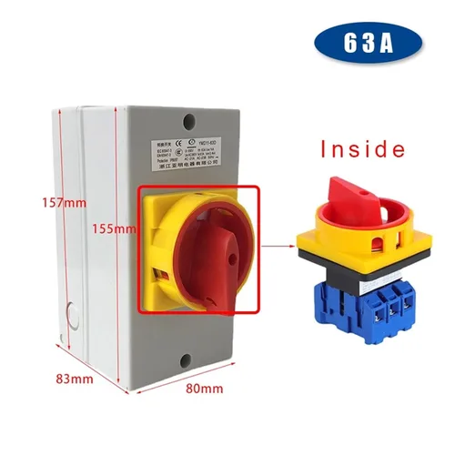Vista 6 de YMD11-63D ON-Off Interruptor de desconexión aislador de dos posiciones 63A 3P candado Cam Cambio con caja impermeable IP65 (base negra 3P)