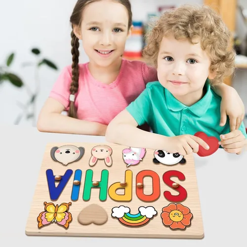 Vista 4 de Rompecabezas de cesta de Pascua con nombre personalizado para niños, regalos de primer cumpleaños, rompecabezas de madera personalizados con nombres