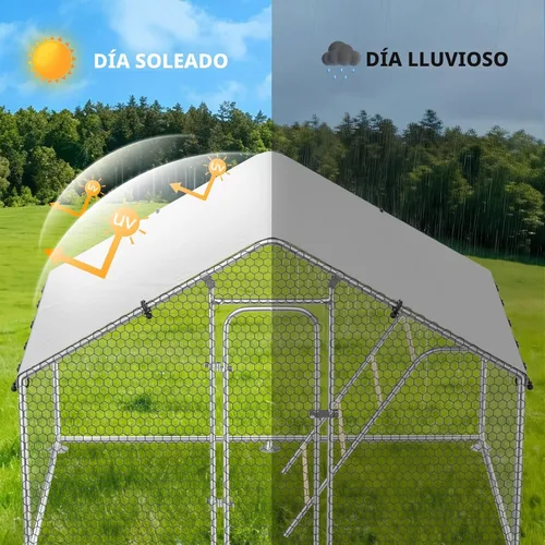 Vista 5 de Gallinero de metal con paso, 10 x 5 x 6.4 pies, jaula para aves de corral al aire libre, perca mejorada, cubierta impermeable y antiultravioleta