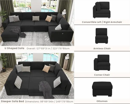 Vista 15 de Sofás seccionales para sala de estar, sofá modular en forma de L con otomana, juego de muebles de sofá beige en forma de U, 6 piezas, modernos sofás