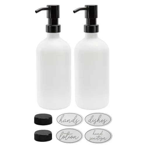 Vista 9 de Darware Botellas de bomba de vidrio de 16 onzas (juego de 2, negro con oro); botellas dispensadoras de jabón con tapas de bomba de metal cepillado