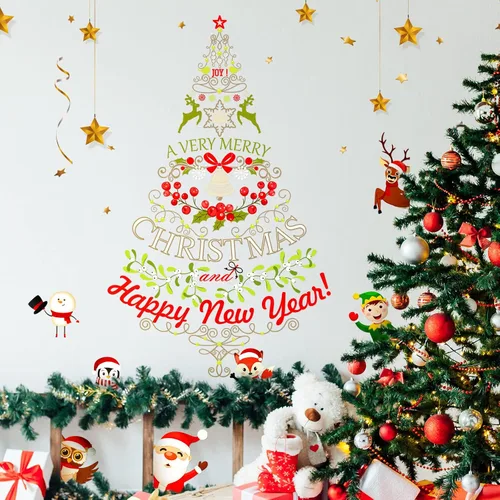 Vista 4 de Calcomanías de pared para árbol de Navidad, calcomanías de pared de vinilo de Navidad, copos de nieve, renos, extraíbles para ventana, citas