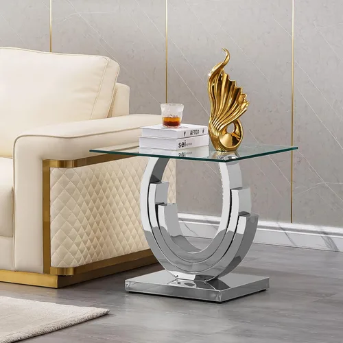 Vista 20 de Mesa de centro de cristal dorado de lujo para sala de estar, moderna mesa central rectangular de 51 pulgadas con base de acero inoxidable espejo