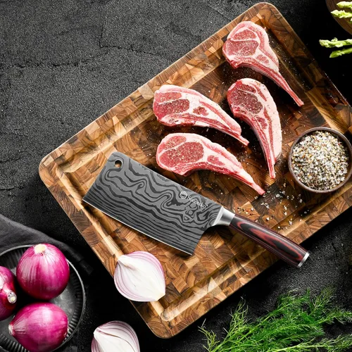 Vista 7 de Sunnecko Cuchillo de carnicero de 7 pulgadas, cuchillo chino de acero inoxidable de alto carbono con mango de madera, cuchilla afilada para carne
