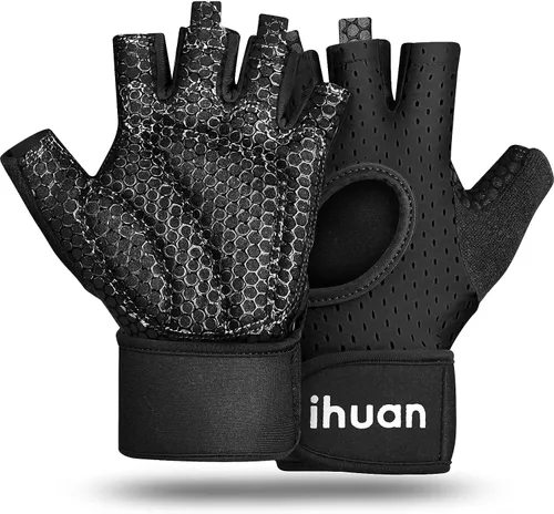 Vista 10 de ihuan Guantes transpirables para levantamiento de pesas: soporte de muñeca para ejercicio sin dedos Mejora la protección de la palma Agarre