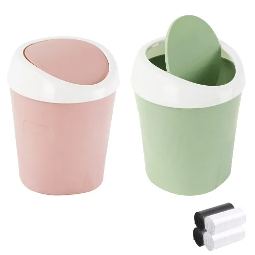 Vista 11 de SITAKE 2 cubos de basura de plástico con 120 bolsas de basura, pequeño cubo de basura de escritorio con tapa abatible para el hogar, oficina