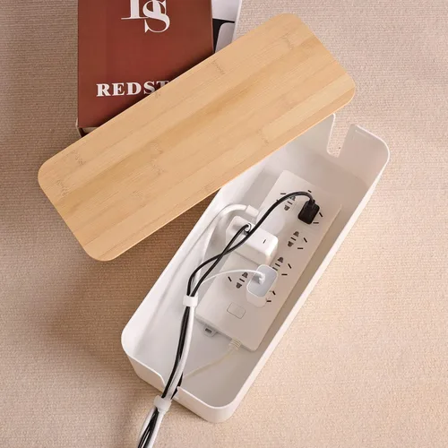 Vista 3 de Caja organizadora de cables, caja organizadora de cables grande de estilo de madera blanca para ocultar cables, caja organizadora de cables grande
