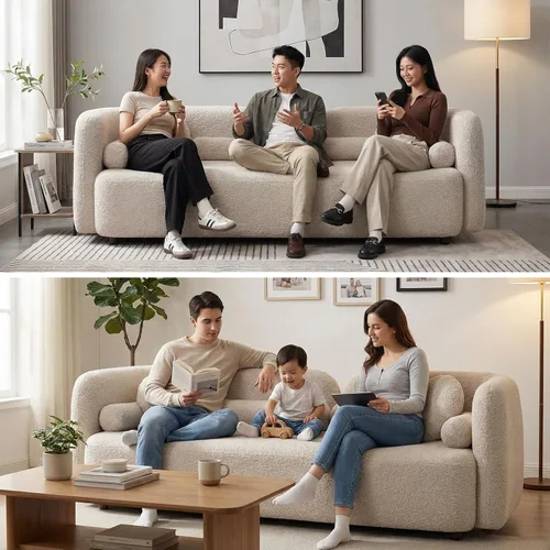 Vista 8 de Sofá Boucle de estilo japonés, moderno sofá con respaldo curvado apretado, estilo minimalista, cómodo sofá para sala de estar y apartamento (beige 2)