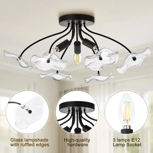 Vista 3 de Luvkczc Lámpara de techo semiempotrada, moderna lámpara de techo de cristal, iluminación negra vintage para cocina, entrada, pasillo, baño