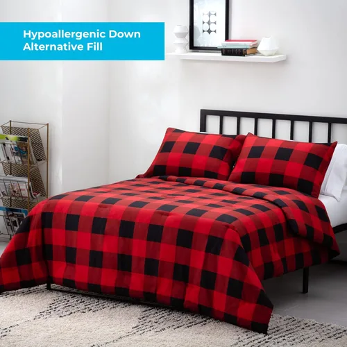 Vista 5 de LINENSPA - Edredón de microfibra hipoalergénico, con relleno sintético, para usar todo el año, tamaño matrimonial, rojo/negro