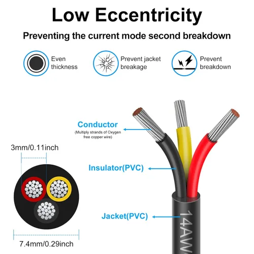 Vista 2 de Cable eléctrico de 3 conductores de calibre 14, cable de bajo voltaje trenzado de PVC negro de 26.2 pies, cable de conexión de cobre estañado de 3