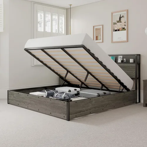 Vista 13 de LUXOAK Cama de Almacenamiento Elevable Tamaño Full, Marco de Cama Plataforma de Madera con Cabecera de Almacenamiento y Estación de Carga, No Negro