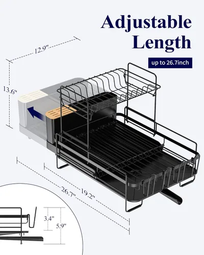 Vista 2 de Kitsure Escurridor grande para platos – Escurreplatos extensible, escurridor multifuncional para encimera de cocina, escurridor de platos Negro