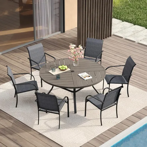 Vista 122 de VICLLAX Juego de comedor de patio de 7 piezas para 6, juego de muebles de exterior incluye mesa rectangular de 59 pulgadas para exteriores y 6