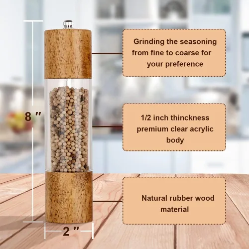 Vista 3 de Juego de molinillo de sal y pimienta, cocteleras de madera con molinillo de sal de núcleo de cerámica ajustable y molino de pimienta, 8 pulgadas