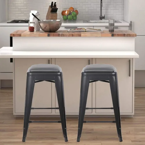 Vista 256 de GIA Taburete de mostrador sin respaldo de 24 pulgadas, cantidad de 4, bronce con asiento de madera clara