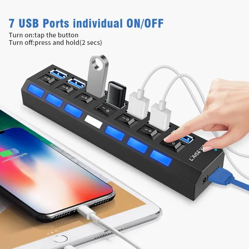 Vista 2 de Hub USB 3.0, divisor USB de 7 puertos USB A Port Data Hub con interruptor de encendido/apagado independiente e indicadores LED, luces para laptop