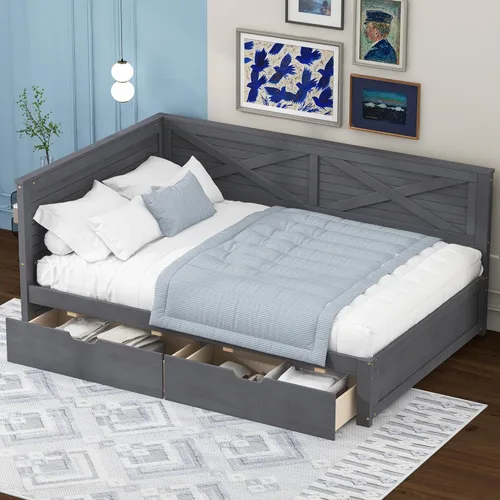 Sofá cama de tamaño individual con 2 cajones y barandilla rústica, cama de plataforma capitán de madera con soporte de listones resistente, sofá