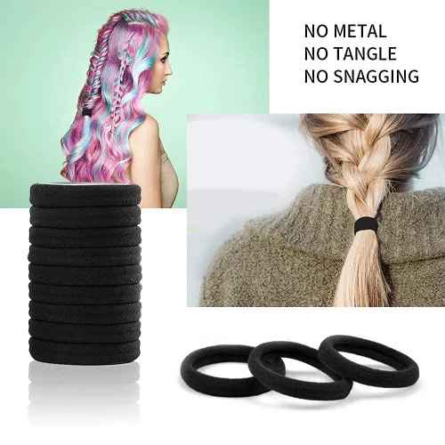 Vista 6 de 100 unidades de gomas de pelo negras para mujeres, bandas de pelo de algodón sin costuras, gomas de pelo sin arrugas ni daños para cabello grueso