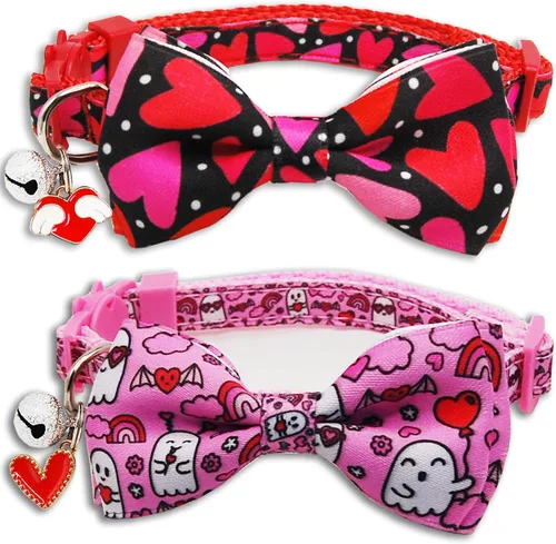 Collar de gato para el día de San Valentín con pajarita y dijes BreakawayBack corazón y flores rosas para gatos machos y hembras, collar ajustable
