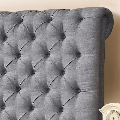 Vista 28 de Rosevera Gideon - Marco de cama tapizado de tela con cabecera ajustable, estilo Chesterfield, soporte de listones de madera, fácil montaje