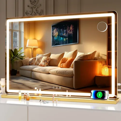 Vista 16 de Hasipu Espejo de tocador con luces, espejo LED de maquillaje de 31.5 x 22 pulgadas, espejo de maquillaje iluminado con 3 modos regulables, espejo