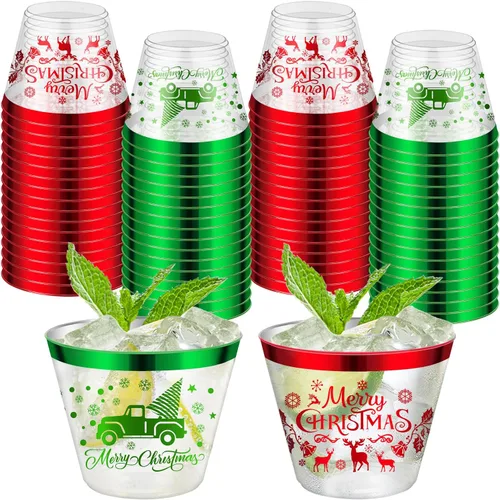 Vista 8 de Vasos de Fiesta de Navidad de 16 onzas – Vaso de Plástico Alegre de Gran Capacidad, Vaso Transparente Desechable con Borde Rojo y Verde