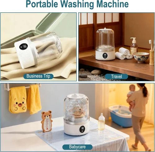 Vista 7 de Lavadora portátil, lavadora compacta que limpia profundamente ropa pequeña, calcetines, ropa interior, mini lavadora recargable para apartamentos