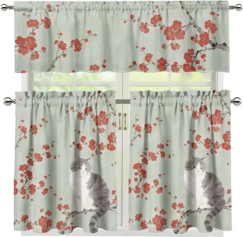 Vista 4 de Upgrad - Juego de cortinas de cocina con diseño de flor de cerezo para ventanas, 3 piezas, cortinas y cenefas para gatos, cortinas pequeñas