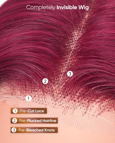 Vista 7 de Pelucas de cabello humano con encaje frontal color borgoña 99j de 13 x 6, densidad del 200 %, pelucas de encaje frontal HD 99j de color rojo