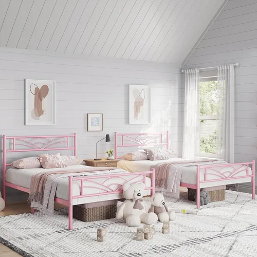 Vista 3 de Yaheetech Base de cama de tamaño individual con plataforma de metal con cabecera, estribo, amplio almacenamiento debajo de la cama, no necesita