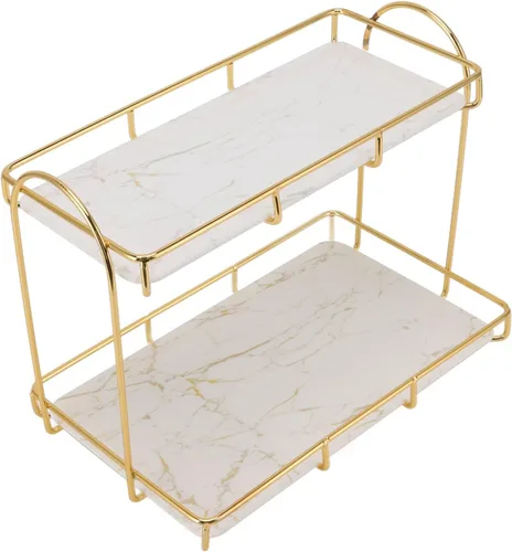 Vista 2 de Fydun 2 Tier Cosmetic Storage Shelf Large Capacity Waterproof Gold Metal Storage Shelf Rack for Bathroom Kitchen Bedroom