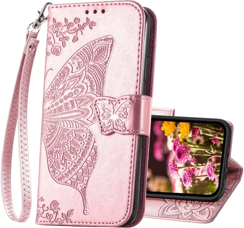 Vista 11 de Funda tipo cartera compatible con iPhone 14 para mujer, diseño de mariposa en relieve, de piel sintética, con ranuras para tarjetas, soporte