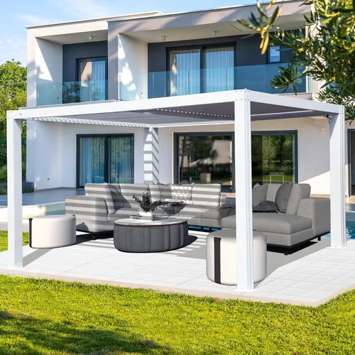 Vista 17 de Domi Pérgola con Persianas 10 x 10 pies, pérgola de aluminio para exteriores con persianas ajustables, marco de aluminio completo, sistema