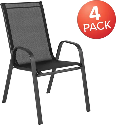 Vista 8 de BizChair Paquete de 4 sillas apilables negras para exteriores con material Flex Comfort, silla apilable para patio