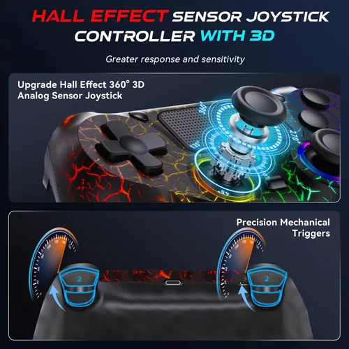 Vista 4 de Fanyooge Light-up Controller for PS4,2 Pack Crack Design Remote Control for Ps4 with RGB Light,Hall Effect Joystick,1000mAh Battery,Vibration,6-Axis