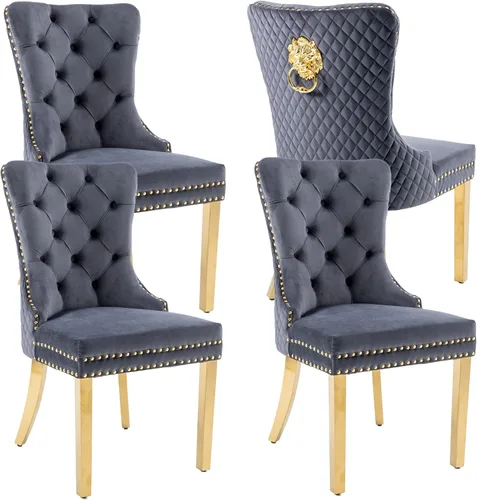 Vista 78 de KCC Juego de 2 sillas de comedor tapizadas de terciopelo, modernas sillas capitoné con botones con anillo de cabeza de león y patas de acero