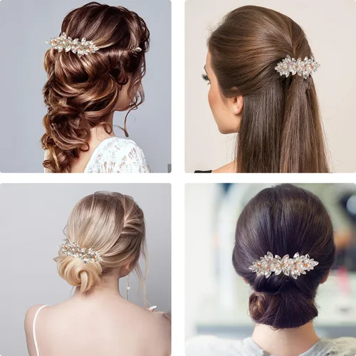 Vista 4 de BOYIVI 3 pinzas para el cabello con diamantes de imitación, pasadores para el cabello con flores, perlas de cristal, horquillas francesas, Dorado