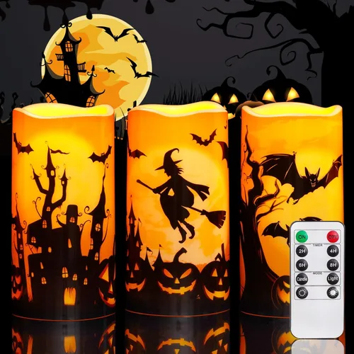Vista 10 de Homemory Velas de Halloween, Velas sin llama naranjas, Velas LED de pilas con calabaza de Halloween, velas de pilas con control remoto