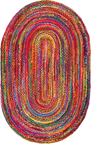 Vista 3 de SAFAVIEH Alfombra trenzada de la colección – 4 x 6 pies, ovalada, color rojo y multicolor, tejido de algodón hecho a mano, estilo bohemio
