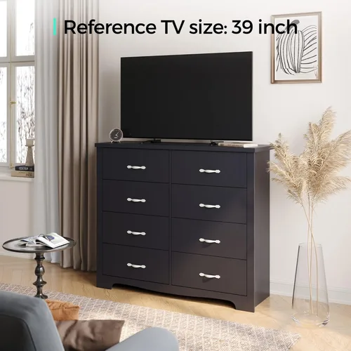Vista 25 de LINSY HOME Cómoda de 5 cajones, cómoda negra para dormitorio, cómoda moderna con cajones anchos, cómoda de almacenamiento de madera para guardería