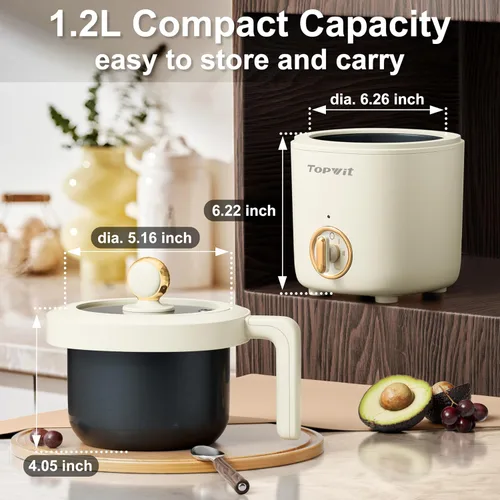 Vista 3 de TOPWIT Olla Caliente Eléctrica para Cocinar, Cocedor de Ramen de 1.2L, Cocedor de Fideos Portátil Antiadherente para Pasta, Sopa, Bistec, Avena