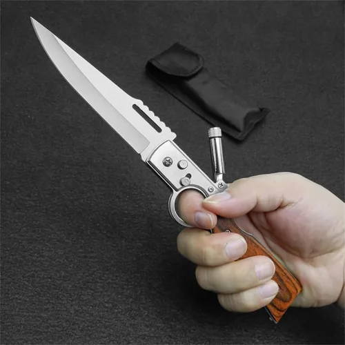 Vista 2 de Cuchillo plegable de bolsillo AK47 con cerradura de botón, hoja de acero inoxidable, mango de madera y clip de bolsillo, cuchillo LED portátil
