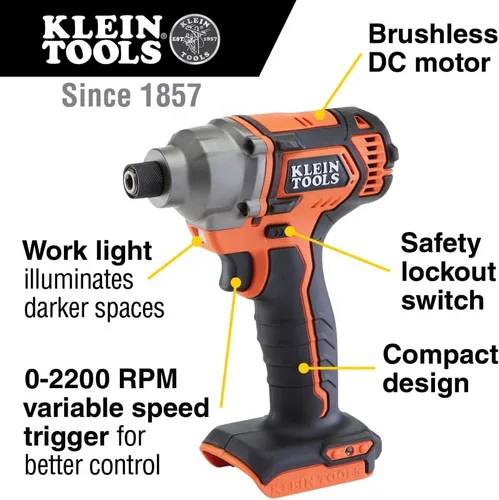 Vista 2 de Klein Tools BAT20CD - Destornillador de impacto de 1/4 pulgadas, 20 V, funciona con pilas, diseño compacto para un excelente control en espacios