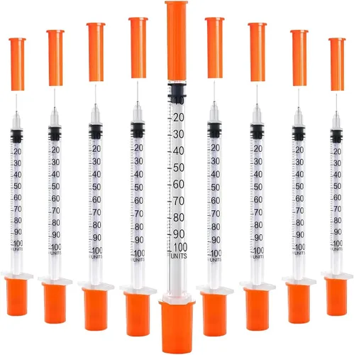 Paquete de 40 jeringas desechables U-100 de 0.0 fl oz/cc, 30G 5/16 pulgadas (0.315 in), envueltas individualmente para precisión, higiene y uso