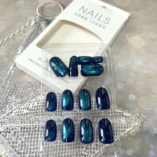 Vista 5 de Uñas postizas cortas ovaladas a presión de almendra, 24 unidades, cobertura completa, reutilizables, con pegamento, uñas adhesivas con diseños