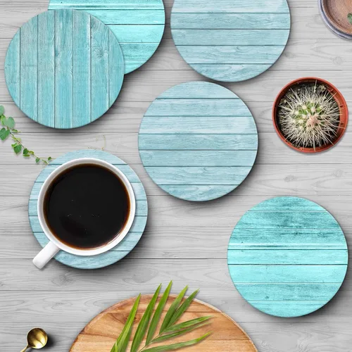 Vista 4 de Britimes Juego de 6 posavasos para bebidas, tablones de madera azul, mesa de pintura de madera azul, tapete redondo absorbente de piedra